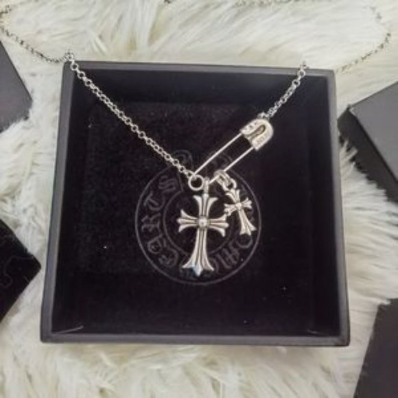 Chrome Hearts 925 Silver Double Cross Necklace Pendant Unisex For Women Men - Picture 1 of 5